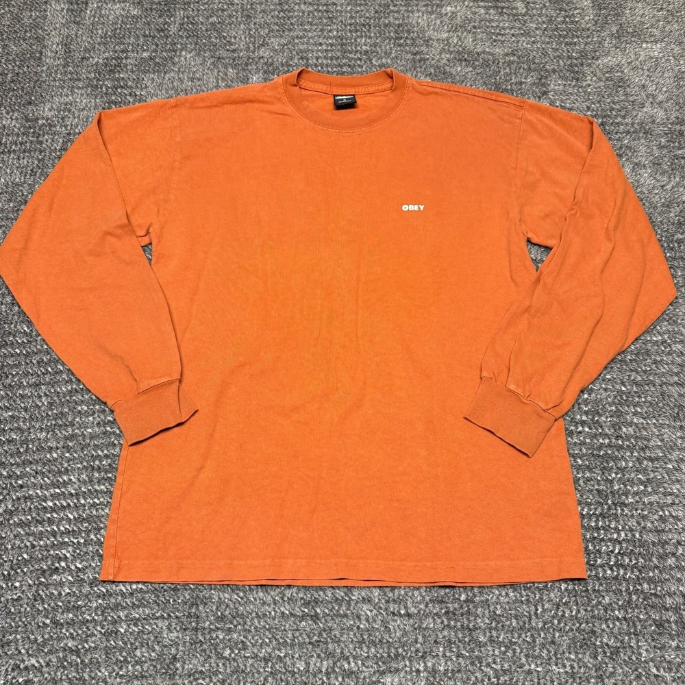 OBEY Mens Long Sleeve T Shirt M Orange Graphic Crewneck Streetwear Skate‎